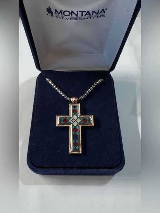 Montana Silversmiths Jewelry - 20” length Chain-Montana Silversmiths Multicolor Inlay Cross Pendant Necklace